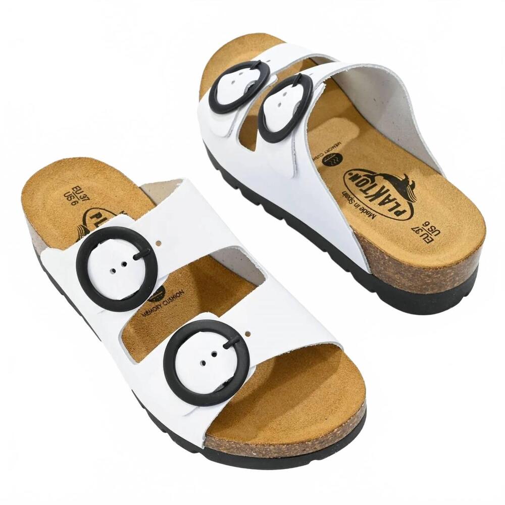 NEW PLAKTON women's cora slide-on dual strap adjustable sandals in white